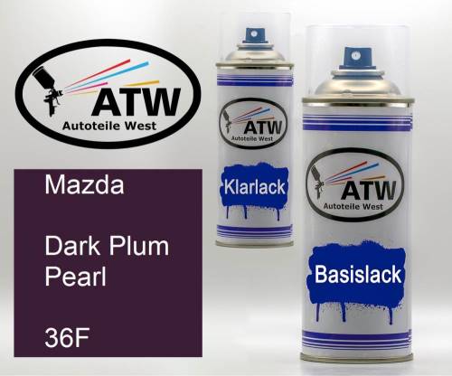Mazda, Dark Plum Pearl, 36F: 400ml Sprühdose + 400ml Klarlack - Set, von ATW Autoteile West.